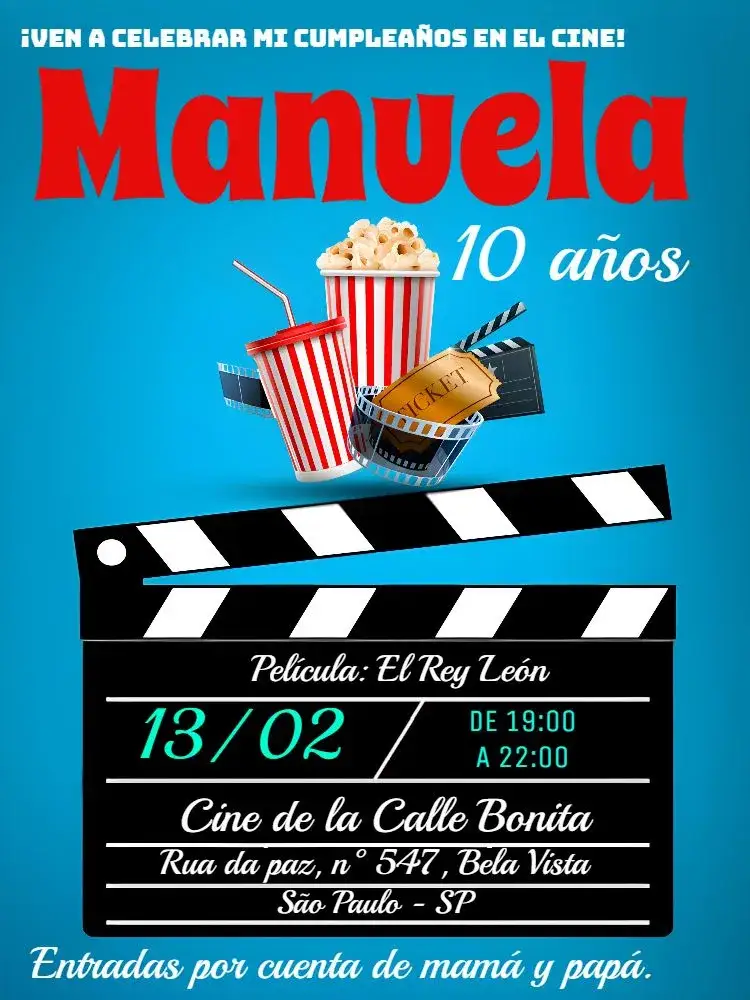 Invitación Cine Azul – tema Cumpleaños cine, azul, divertido, juvenil, festivo, colorido