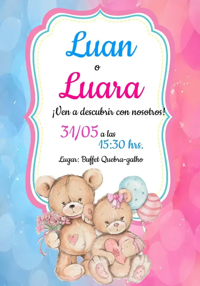 Invitación Para Baby Shower Revelación Ositos Azul – tema Revelación Bebé acuarela, osos de peluche, azul y rosa, divertido, infantil, suave