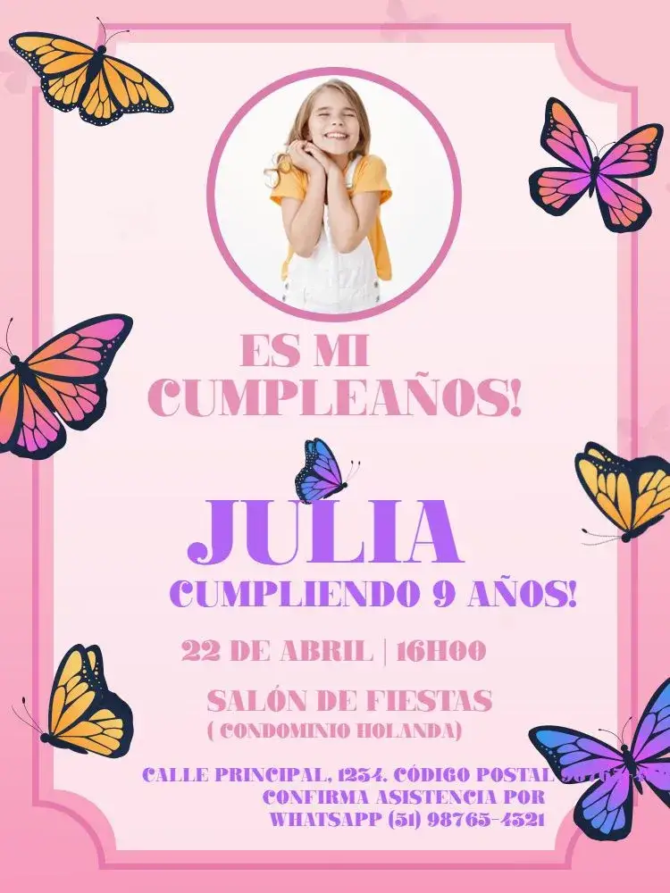 Invitación S De Mariposa Rosa Con Foto Femenino – tema Cumpleaños Infantil delicado, colorido, lúdico, femenino, romántico