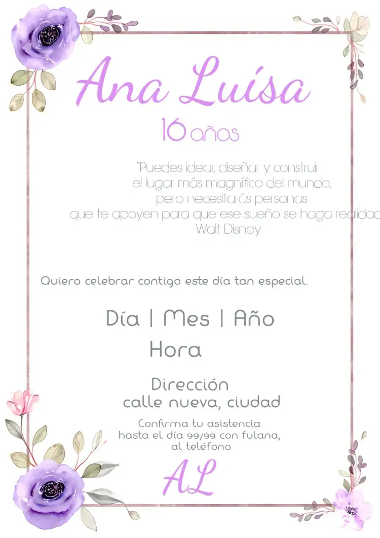 Invitación 15 Años Floral Morado – tema 15 años floral, púrpura, lila, romántico, moderno, elegante