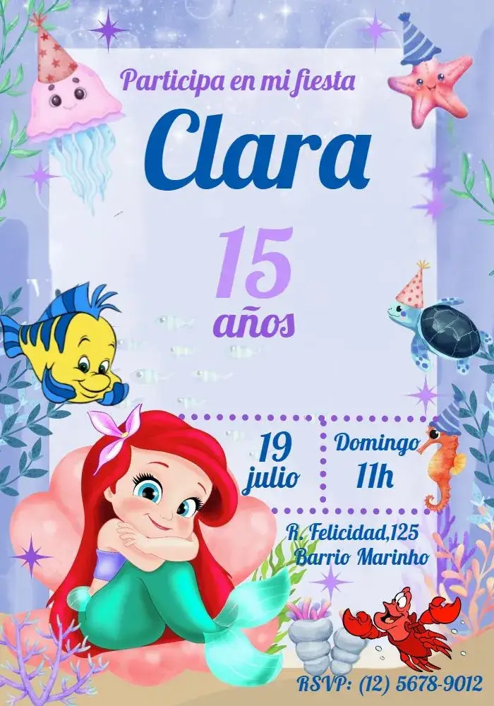 Invitación Ariel La Sirenita Sebastián – tema Cumpleaños Infantil lila, colorido, Disney, azul marino, infantil, fondo marino