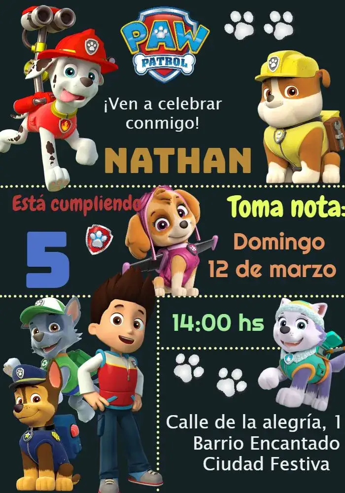 Invitación Patrulla Canina Patrol – tema Cumpleaños Infantil colorido, aventura, diversión, infantil, animales, temática de dibujos animados