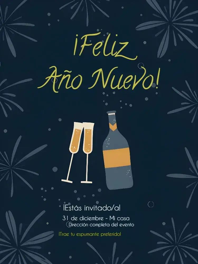 Invitación Para Fiesta De Año Nuevo con Fuegos – tema Fechas Conmemorativas azul, dorado, blanco, festivo, moderno, vibrante