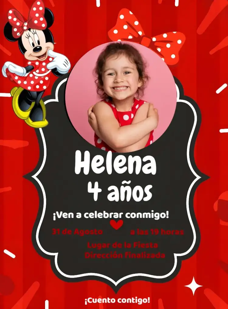 Invitación Minnie Mouse Con Foto Lazo – tema Más buscados rojo, divertido, colorido, temático, infantil