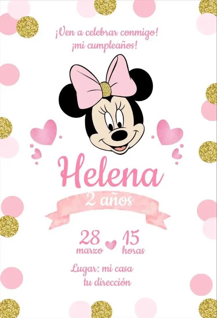 Invitación Minnie Mouse Rosa y Dorado – tema Cumpleaños Infantil rosa, dorado, lúdico, infantil, temático, divertido