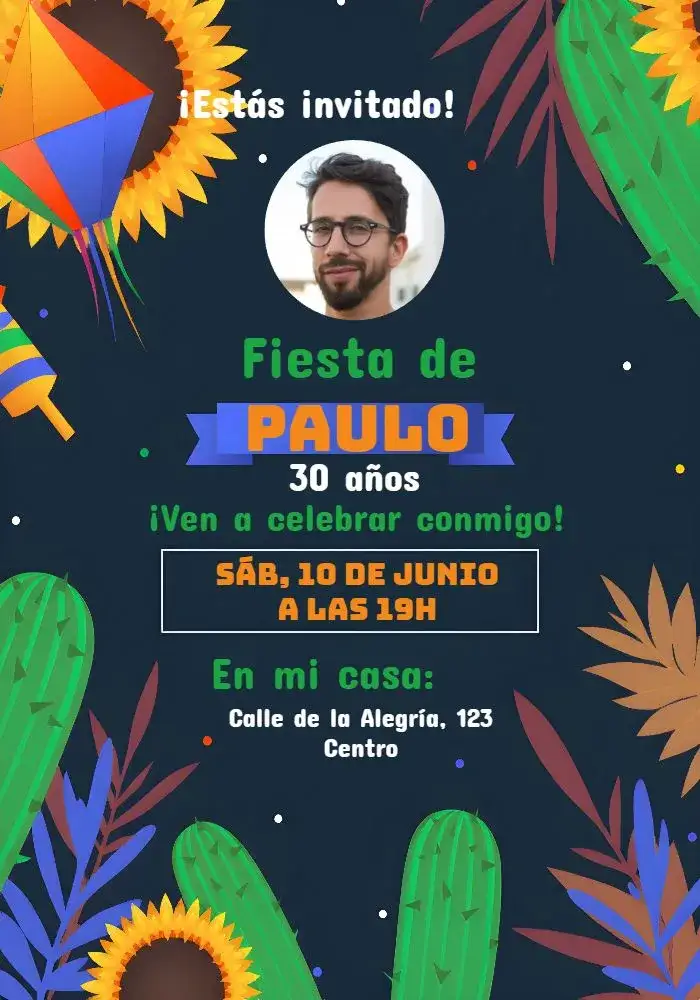 Invitación Arraial Festa Junina Con Foto Azul – tema Fechas Conmemorativas colorido, junino, festivo, vintage, alegre
