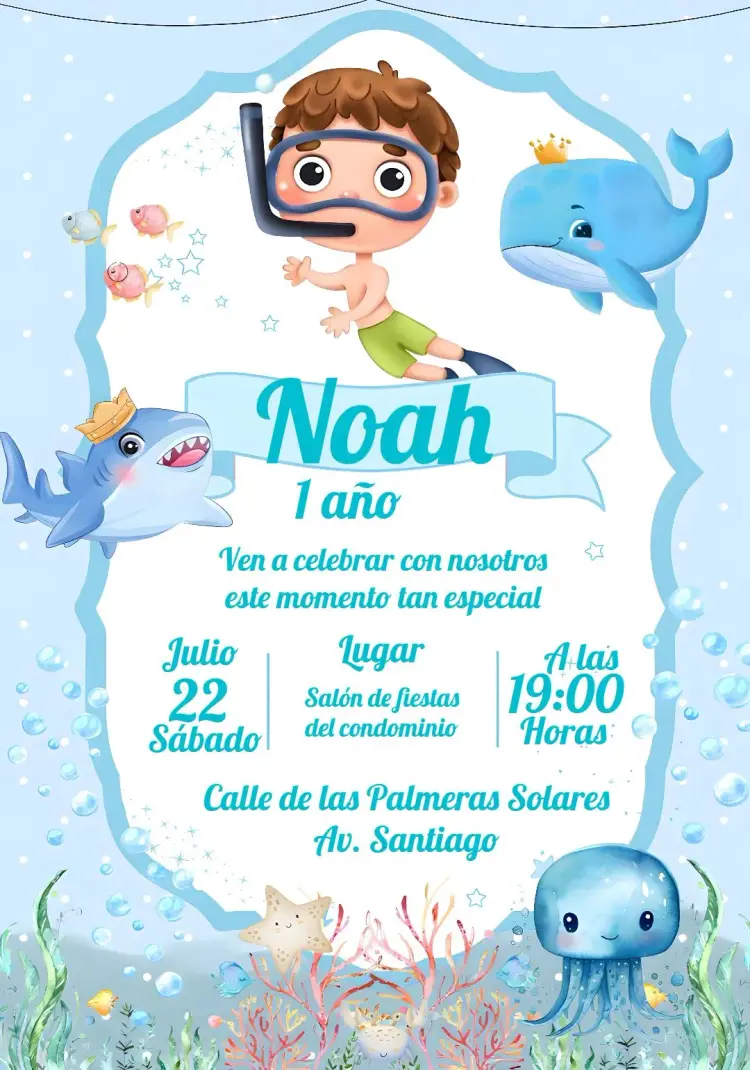 Invitación Fondo Del Mar Acuarela Niño