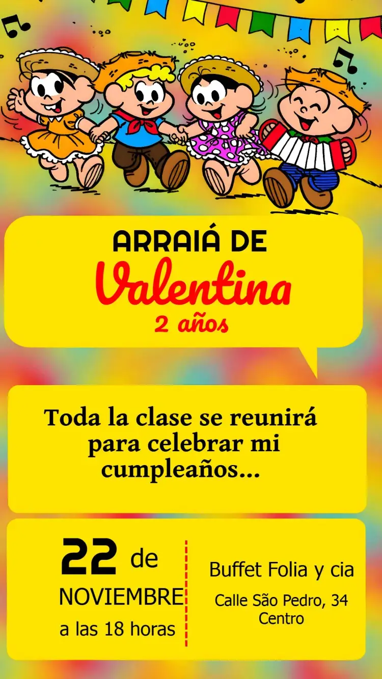 Invitación Arraiá De La Turma Mônica Infantil editable y personalizable