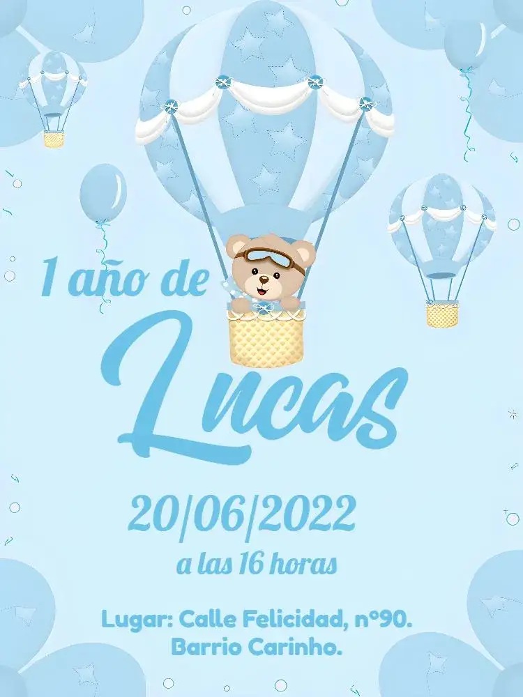 Invitación Osito Globos Niño – tema Baby Shower azul y blanco, tierno y infantil, nubes y globos, osos de peluche, estilo lúdico