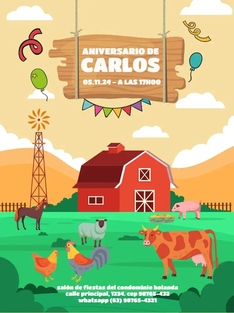 Invitación Granja Globo Celebración – tema Cumpleaños Infantil colorido, lúdico, fiesta temática, vintage, rústico, animales