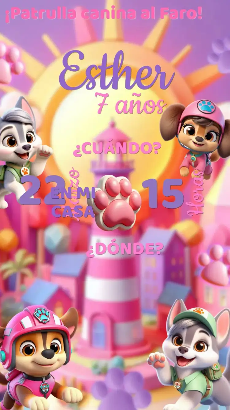 Invitación Invitación Cumpleaños Patrulla Canina niña – tema Cumpleaños Infantil colores pasteles, ilustraciones divertidas, estilo de dibujos animados, tema de aventura, elementos gráficos de la Patrulla Canina