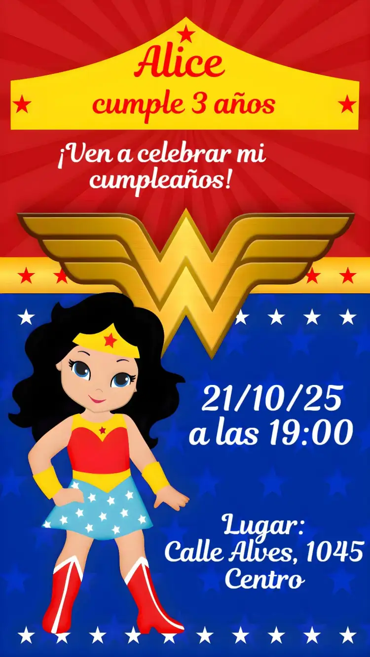 Invitación Mujer Maravilla – tema Cumpleaños Infantil colores vibrantes, estilo heroico, elementos gráficos de superhéroes, ilustraciones infantiles, tema de aventura