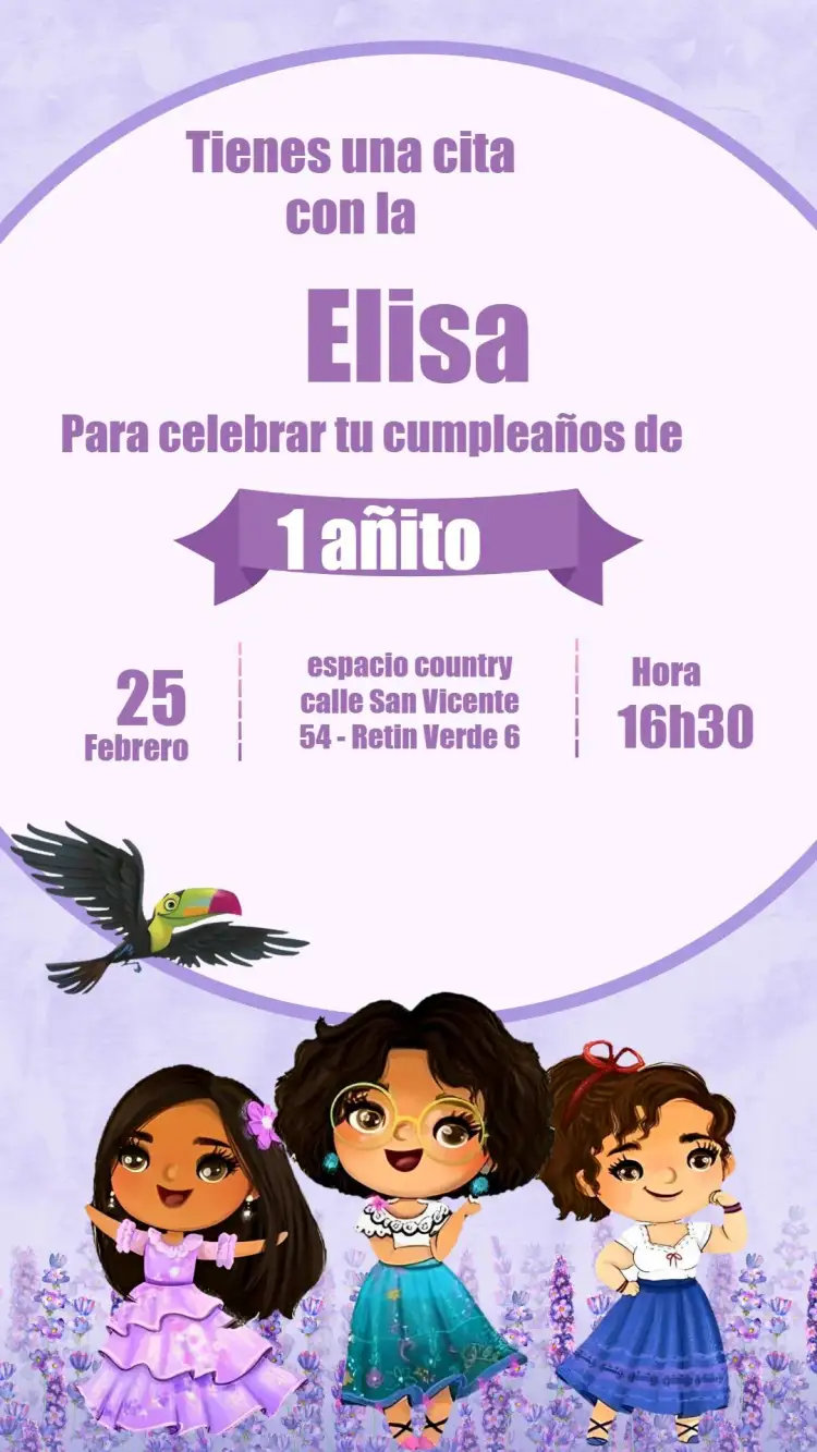 Invitación Encanto Morado – tema Cumpleaños Infantil mágico, lila, púrpura, Disney, temático, infantil
