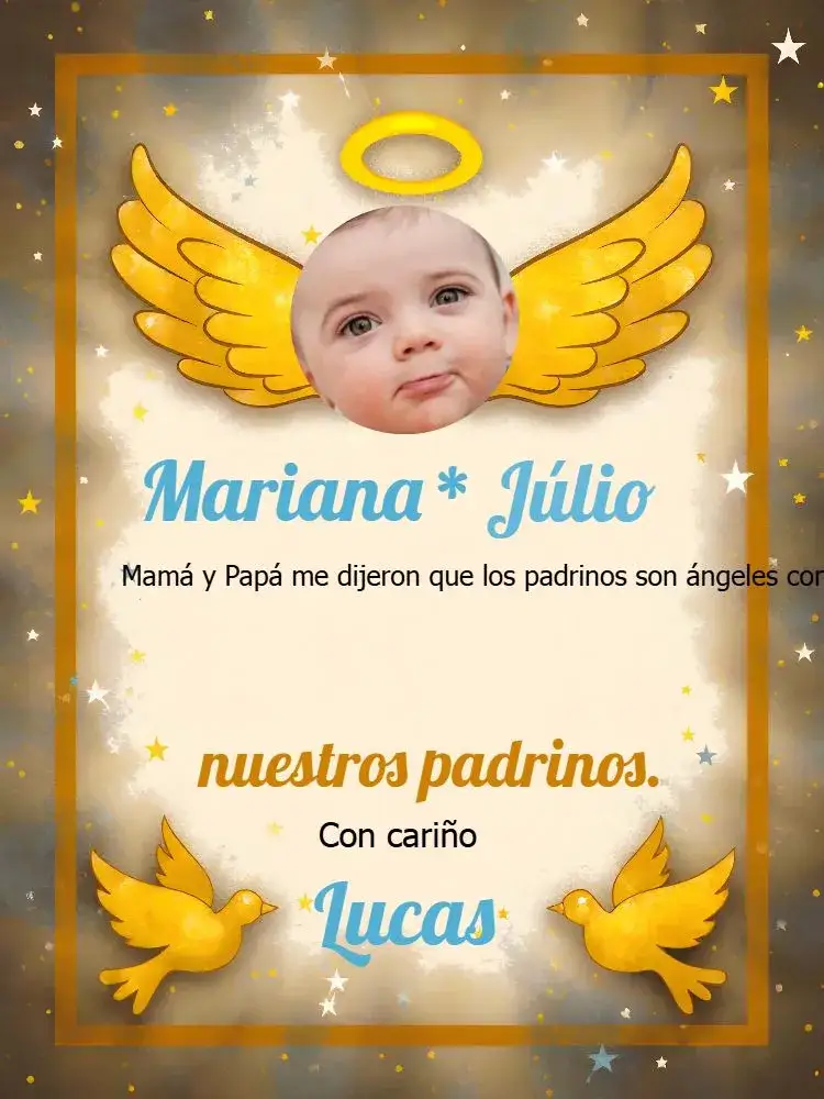 Invitación Padrinos De Bautismo Con Foto Angelito – tema Bautismo dorado, azul, blanco, angelito, religioso, minimalista