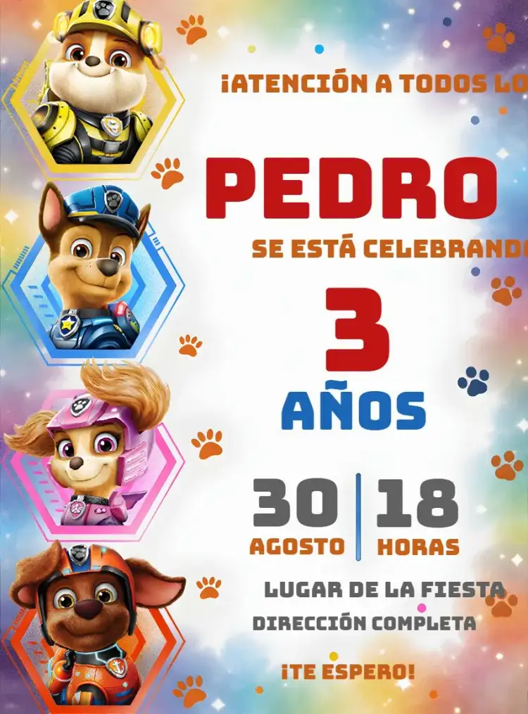 Invitación Patrulla Canina Infantil – tema Cumpleaños Infantil colorido, temático, divertido, infantil, animado