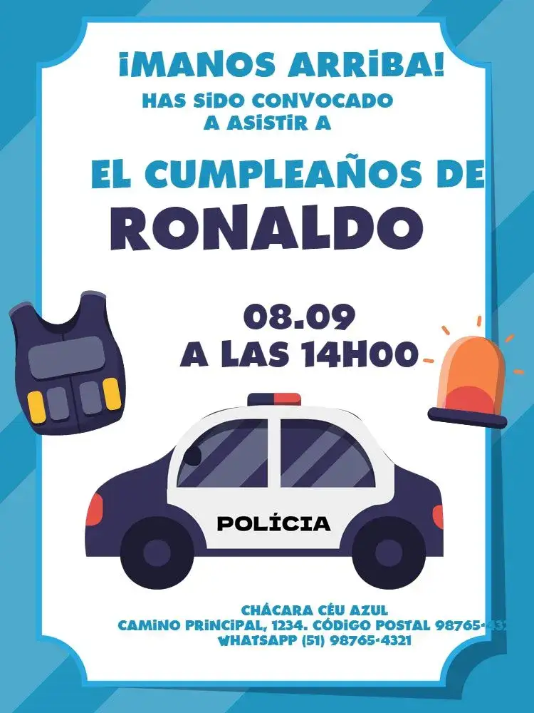 Invitación Infantil Tema Policía Azul Claro – tema Cumpleaños Infantil policía, azul claro, lúdico, divertido, temático, infantil