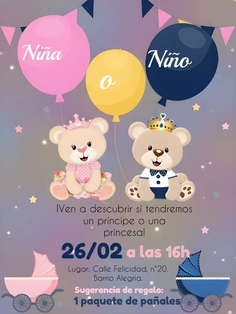 Invitación Baby Shower Revelación Osito Príncipe Osita Realeza – tema Revelación Bebé azul y rosa, osos adorables, realeza, lúdico y alegre, delicado, moderno