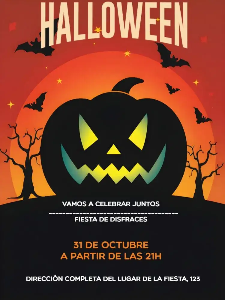 Invitación Fiesta de Halloween – tema Fechas Conmemorativas negro, naranja, morado, murciélagos, brujas, calabazas