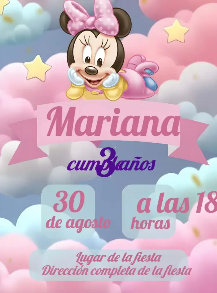 Invitación Minnie Baby Disney – tema Más buscados rosa, delicado, lúdico, infantil, Disney, temática