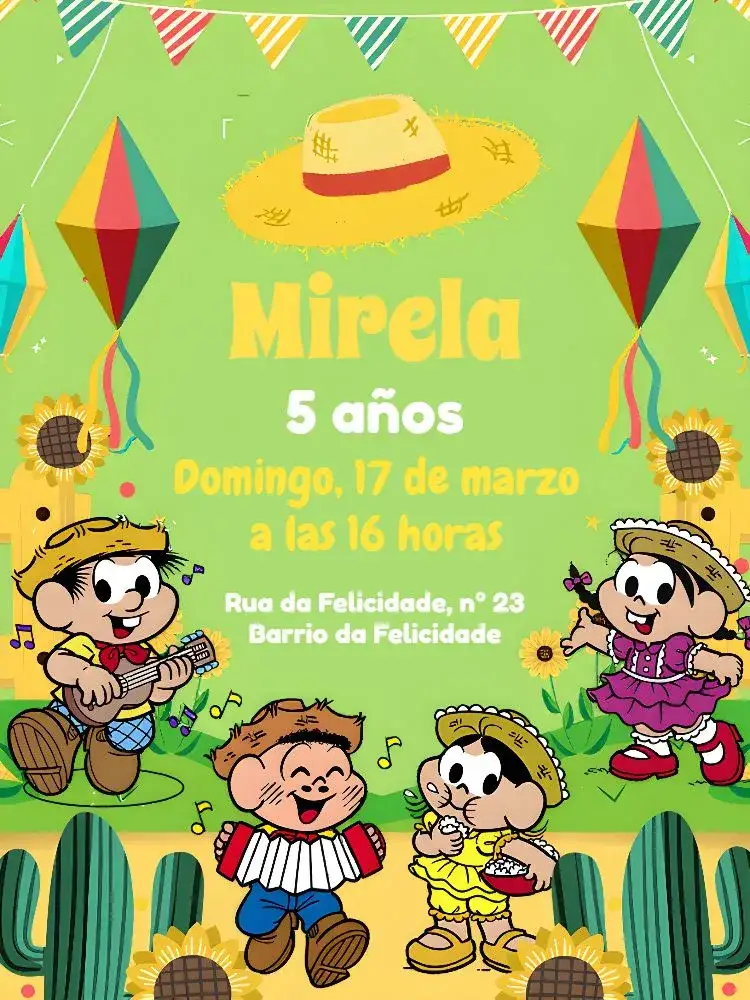 Invitación Turma Da Mônica São João Colorido – tema Fechas Conmemorativas colorido, divertido, infantil, junino, ilustrativo