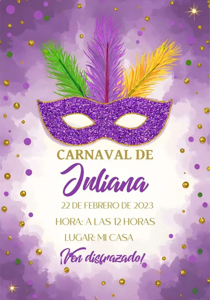 Invitación Carnaval Máscara – tema Fechas Conmemorativas colorido, festivo, brillante, mascarado, vibrante