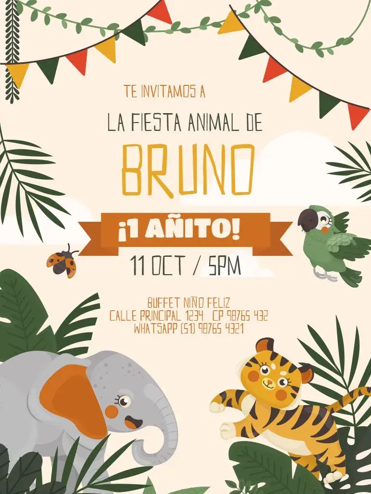 Invitación Safari 1 Año Fiesta Colorida