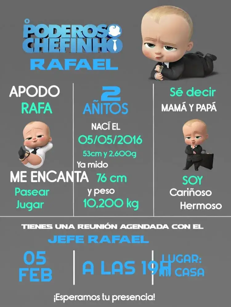 Invitación El Poderoso Jefe Gris – tema Más buscados gris, azul, moderno, divertido, infantil