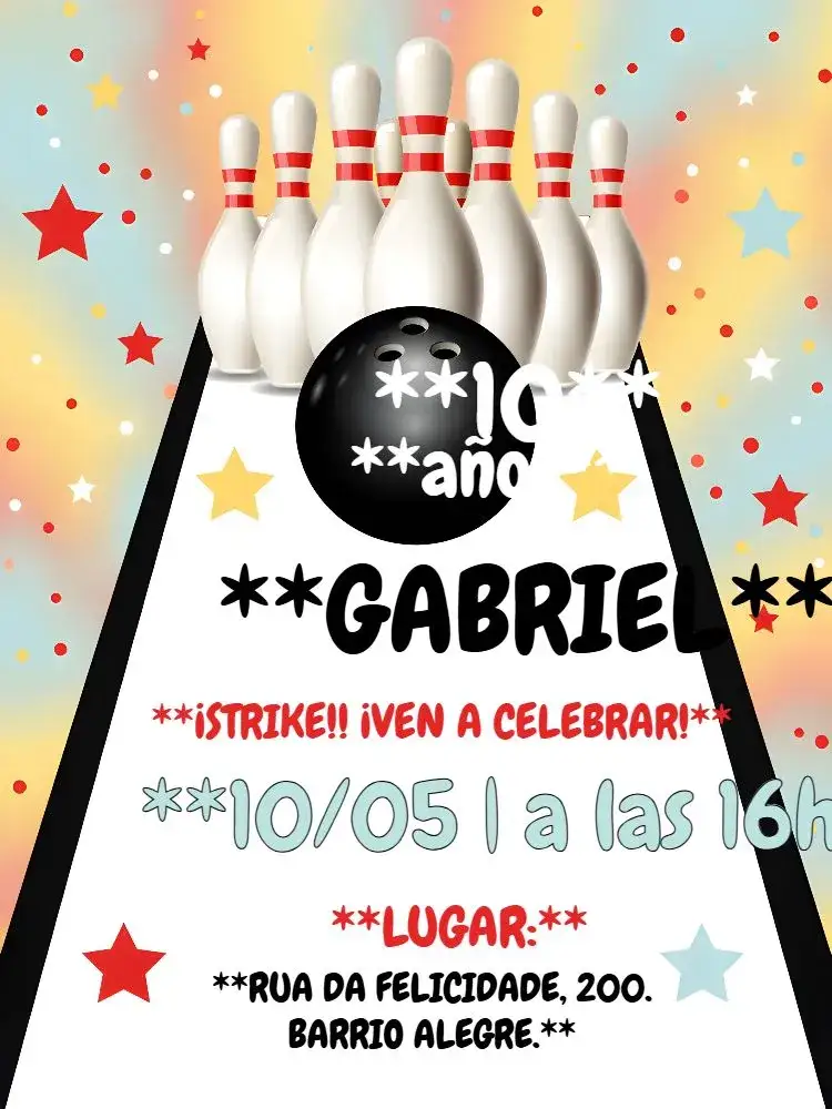 Invitación Bolos Infantiles – tema Cumpleaños colorido, divertido, temático, juvenil, moderno, animado