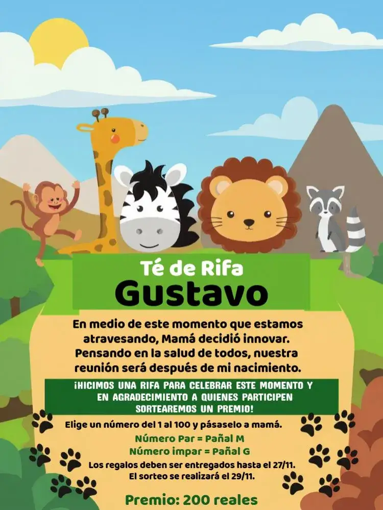 Invitación Té Rifa Safari Mono – tema Té Rifa selva, animales, colores vibrantes, divertido, lúdico, tropical