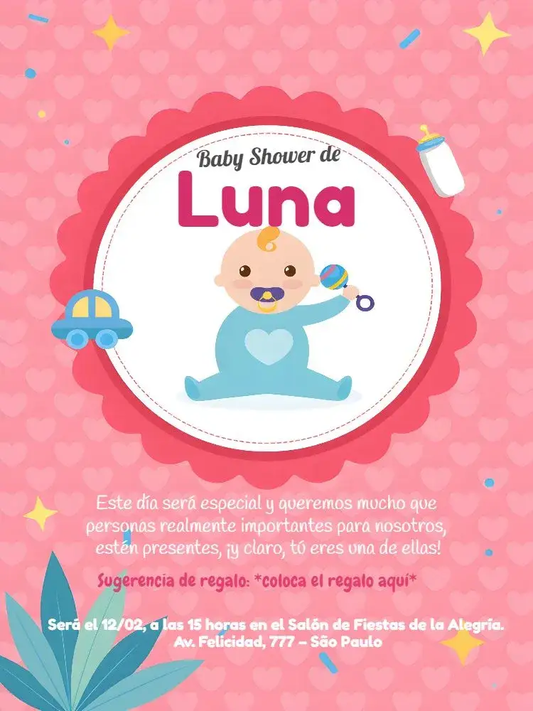 Invitación Baby Shower Rosa - Niña Pañales – tema Baby Shower rosa, floral, infantil, delicado, moderno