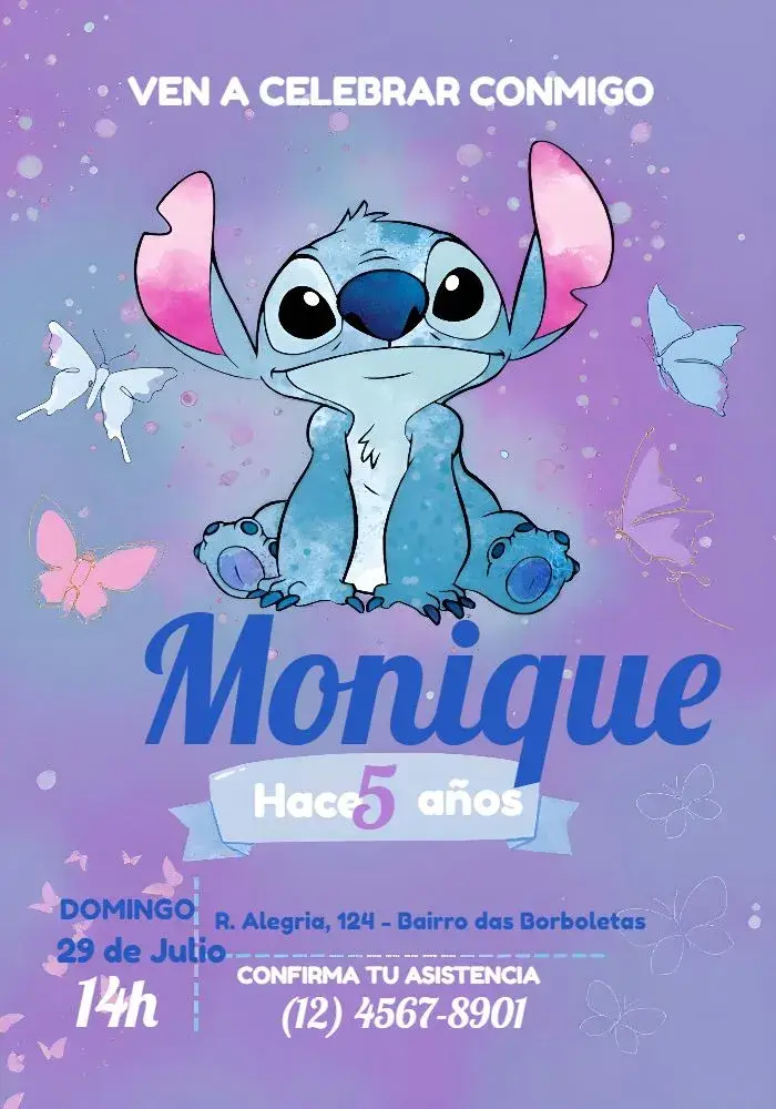 Invitación Stitch Mariposas Lila