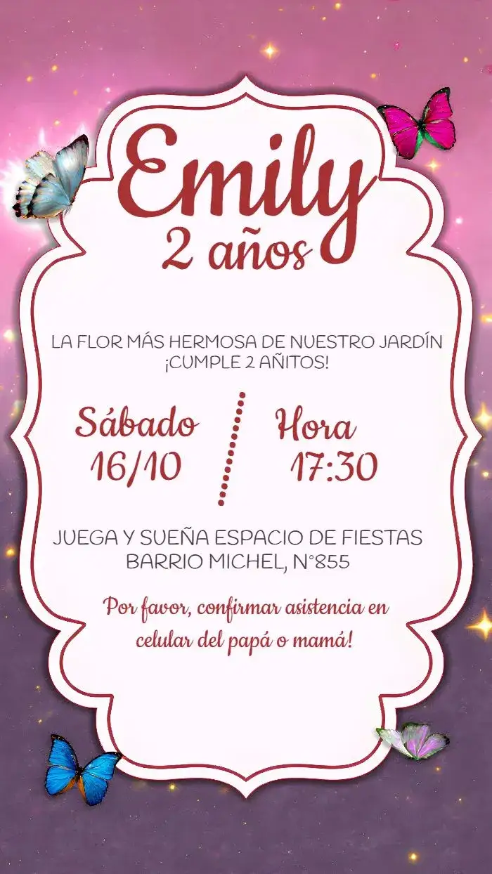 Invitación Jardín De Las Mariposas Rosadas – tema Fechas Conmemorativas floral, romántico, colorido, infantil, delicado, soñador