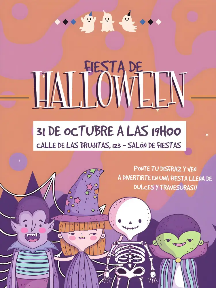 Invitación Fiesta De Halloween Brujas – tema Fechas Conmemorativas colores oscuros, elementos gráficos de Halloween, estilo divertido, vintage, ilustraciones de brujas, calabazas y fantasmas