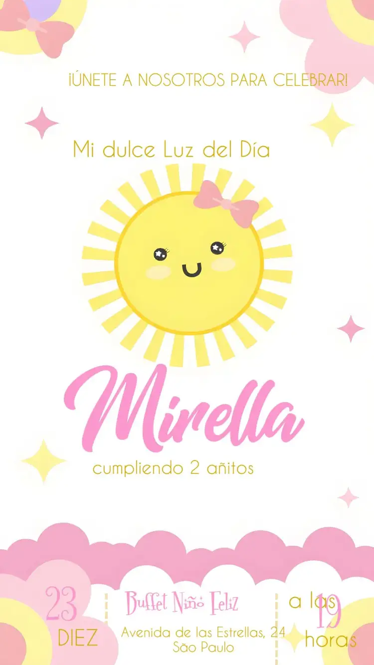 Invitación Rayo De Sol Niña – tema Primera Comunión colorido, alegre, luminoso, infantil, delicado, moderno