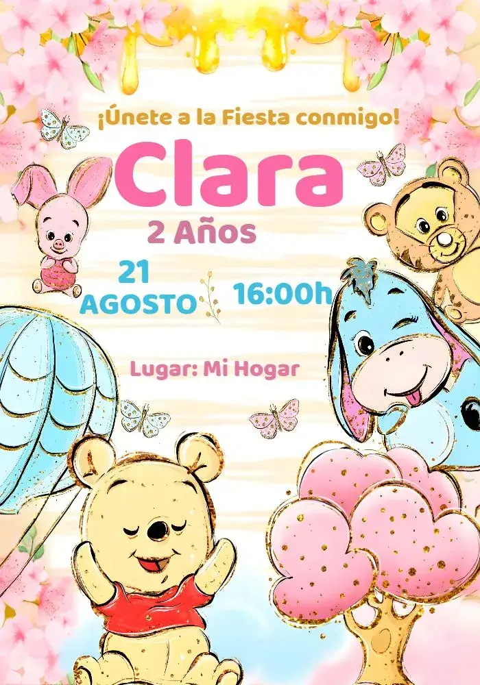 Invitación Oso Pooh Acuarela Brillo Rosa – tema Más buscados acuarela, delicado, rosa, infantil, brillo, colorido