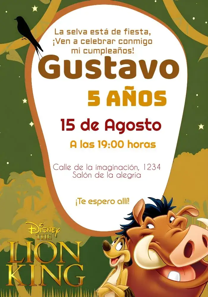 Invitación Rey León Timón – tema Cumpleaños Infantil colorido, selva, animales, aventurero, infantil, temático