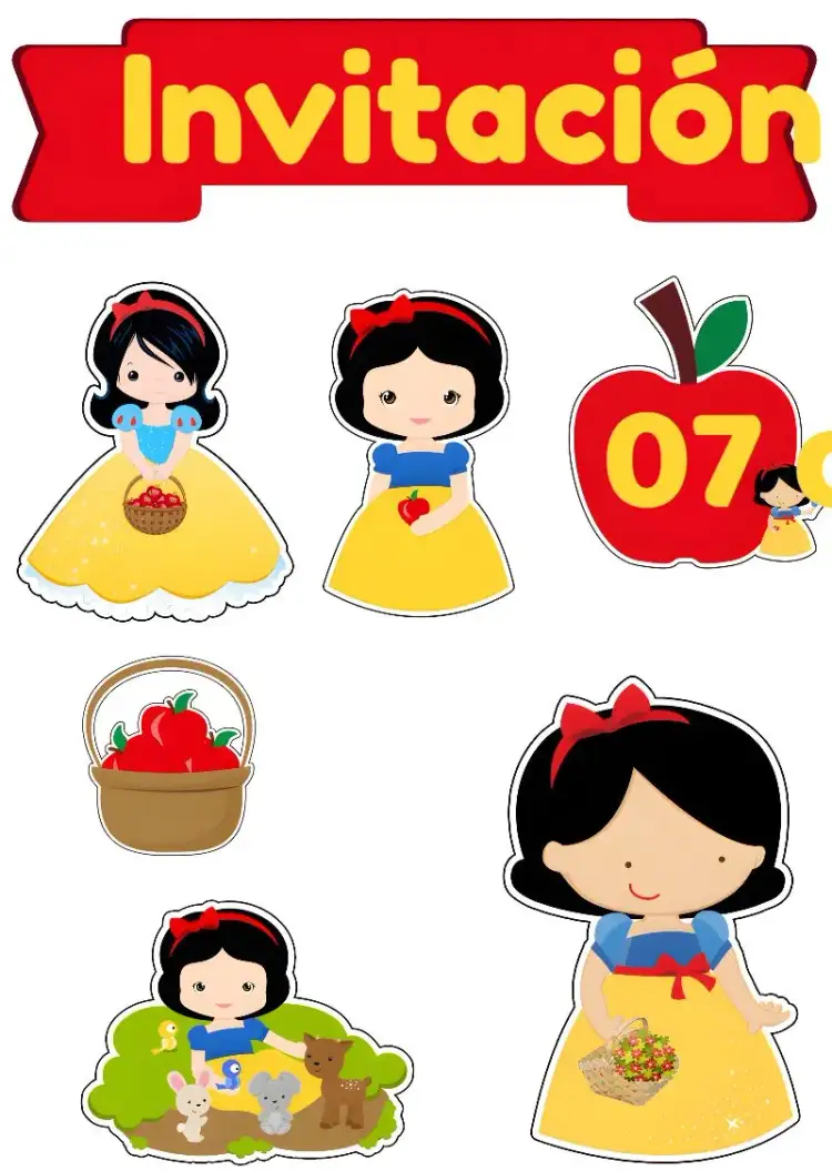 Invitación Topo De Pastel Blancanieves Amarillo – tema Topper de torta colorido, infantil, de fantasía, vintage, lúdico