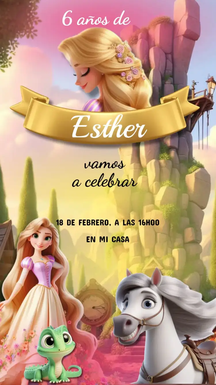 Invitación Invitación Enredados Rapunzel Infantil – Editable y Personalizado – tema Cumpleaños Infantil estilo cuento de hadas, colores pasteles, elementos florales, ilustraciones de princesas, diseño alegre, detalles encantados