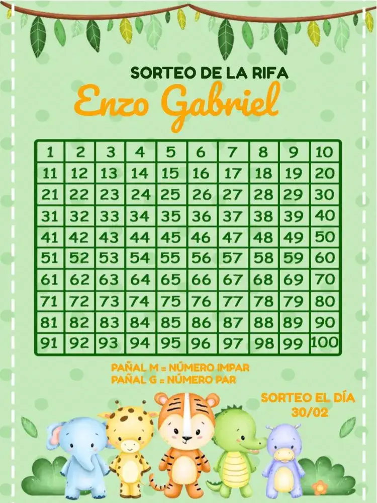 Invitación Té Rifa Safari Baby – tema Té Rifa safari, colorido, animales lindos, verde y naranja, temática infantil, divertido