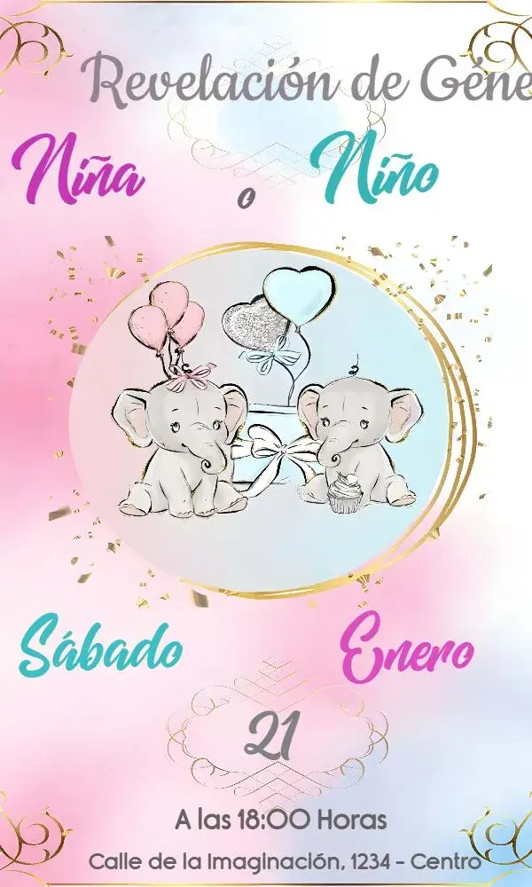 Invitación Baby Shower Revelación Elefantitos Blanco