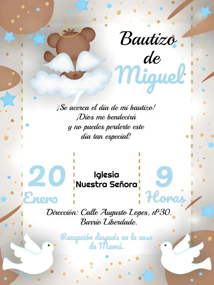 Invitación Bautizo Osito Niño – tema Bautismo azul y blanco, oso de peluche, religioso, infantil, cariñoso, delicado