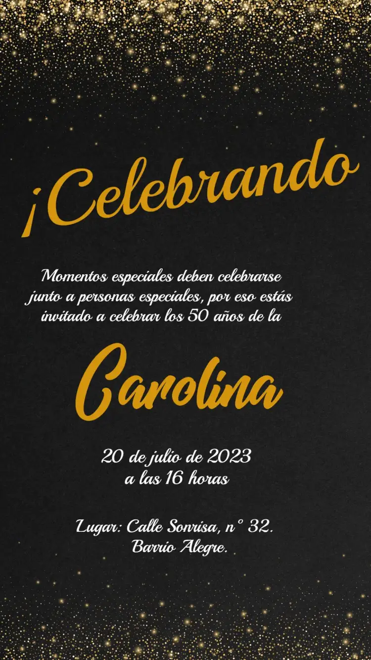 Invitación Glitter 40 – tema Cumpleaños brillo, negro y dorado, elegante, moderno, glitter