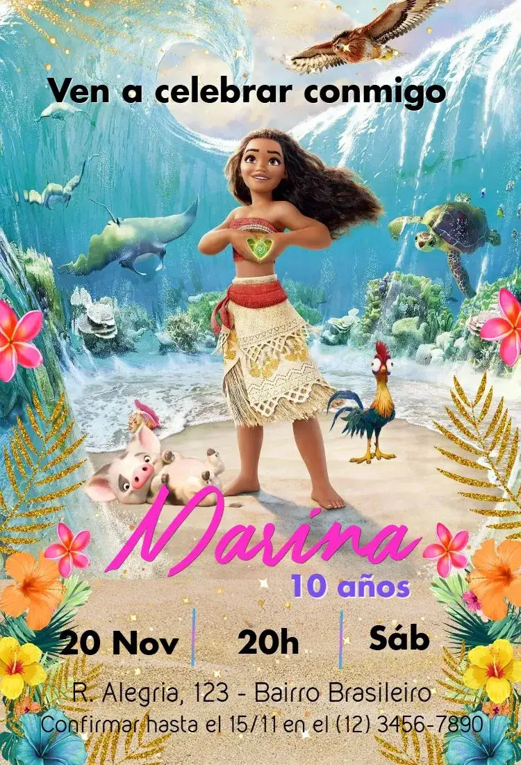 Invitación Moana – tema Cumpleaños Infantil colorido, tropical, marino, aventurero, fantasía
