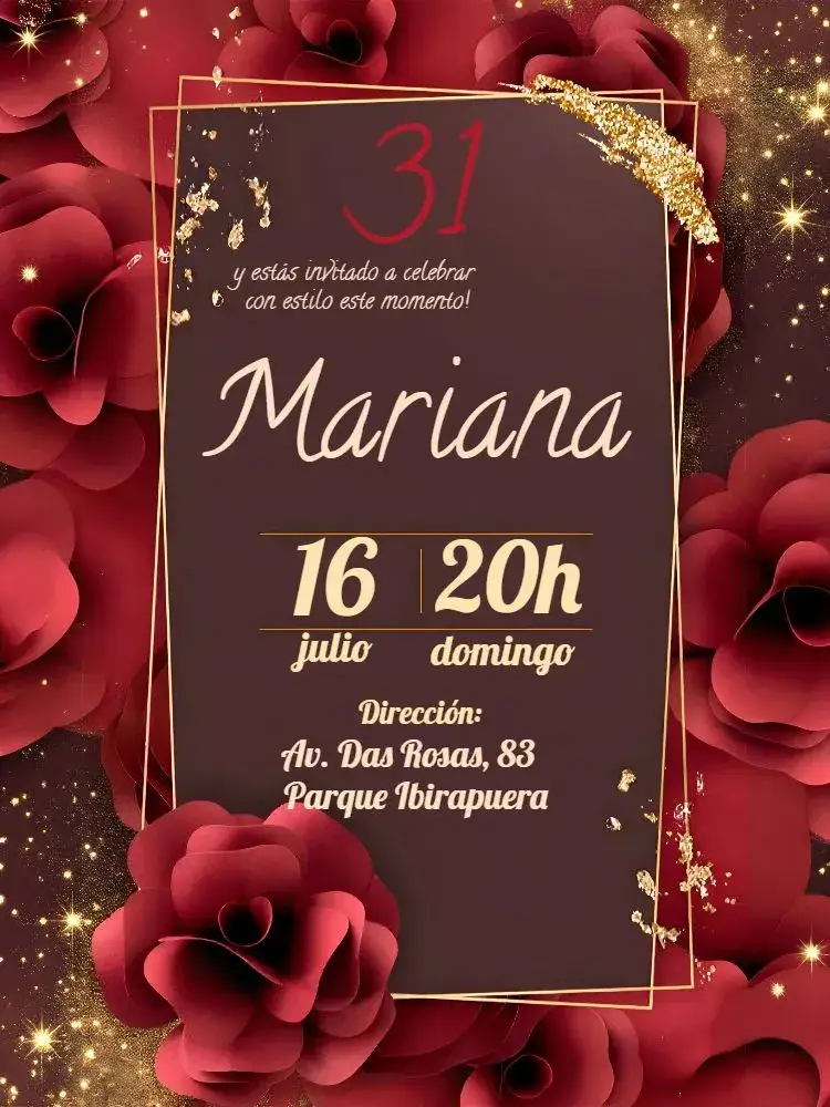 Invitación Floral Rojo – tema Más buscados floral, elegante, romántico, moderno, dorado, vintage