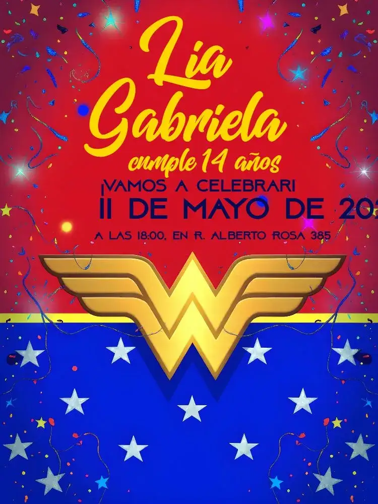 Invitación Mujer Maravilla Woman – tema Cumpleaños Infantil superhéroe, colorido, divertido, moderno, infantil