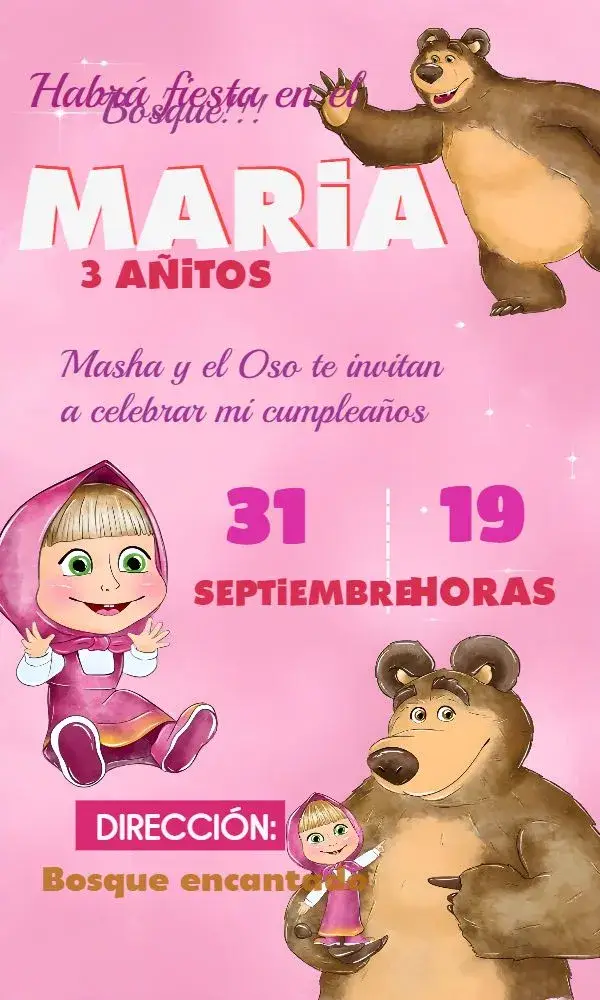 Invitación Masha Y El Oso Rosa