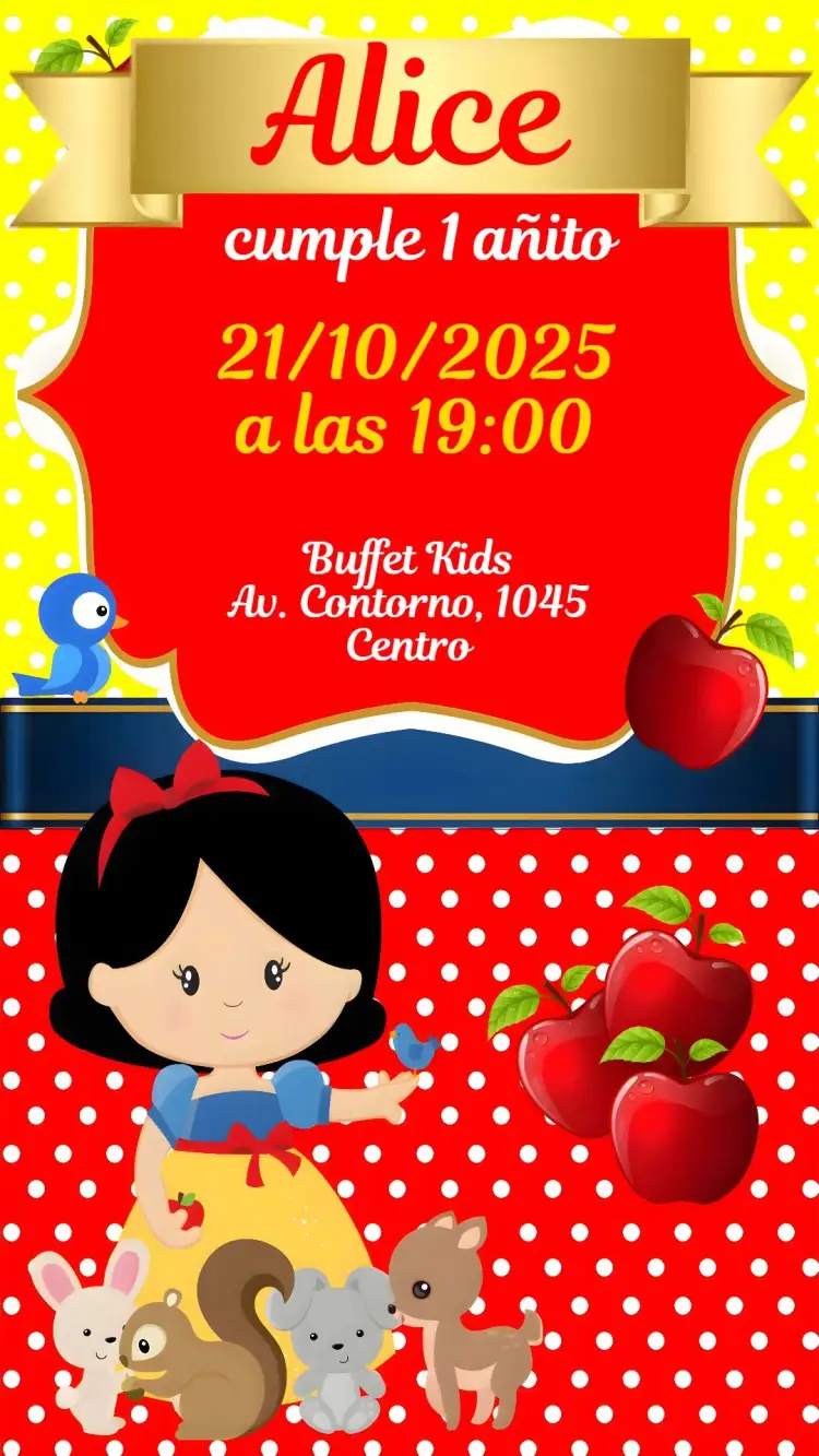 Invitación Blanca Nieves – tema Cumpleaños Infantil colorido, lúdico, fantasía, mágico, princesas, cuento de hadas