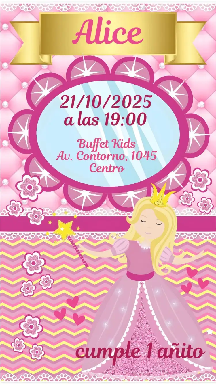 Invitación Princesa – tema Cumpleaños Infantil rosa y dorado, fantasía, hadas, cuentos de hadas, ilustraciones lúdicas, estilo delicado