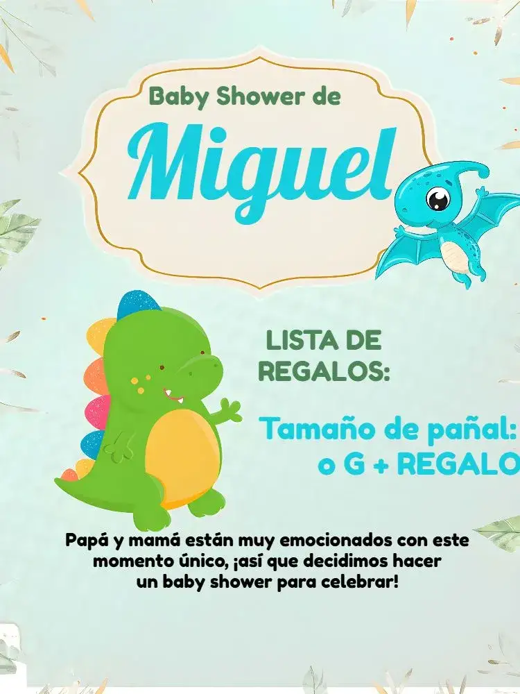 Invitación Baby Shower Dinosaur Gifts – tema Baby Shower dinosaurios, acuarela, azul y verde, lúdico, divertido, infantil