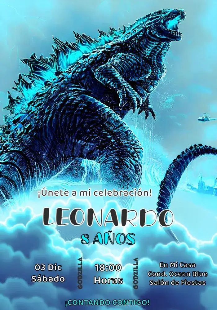 Invitación Godzilla Azul – tema Más buscados moderno, divertido, cinematográfico, colorido, infantil, temático